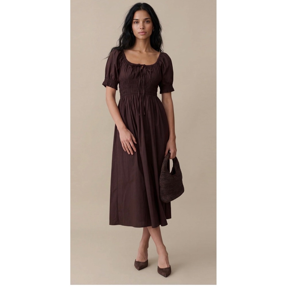 Few Moda Sorella Atelier Smocked Waist Puff Sleeve Midi Dress Brown XS